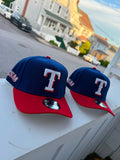 New Era 9FORTY de los Texas Rangers presenta una corona azul con la icónica "T" en rojo y blanco bordada en el frente.