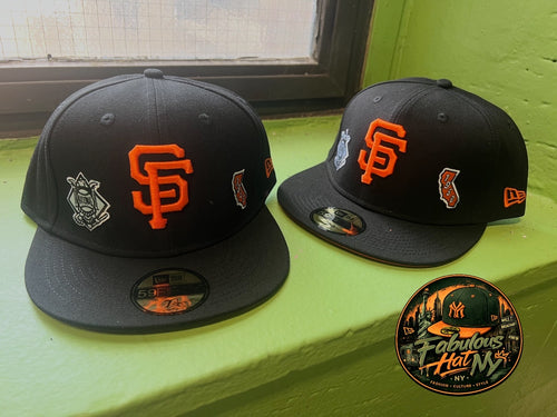 Gorra New Era 59FIFTY de los San Francisco Giants cuenta con un parche lateral conmemorativo de la Liga Nacional y una visera inferior de color naranja.