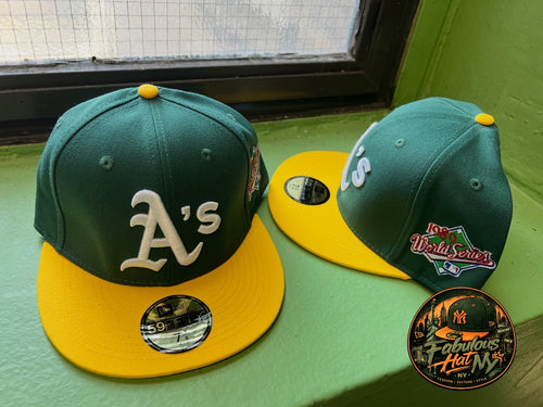 Gorra New Era 59Fifty ajustada de los Oakland Athletics con un diseño clásico de color verde y amarillo.