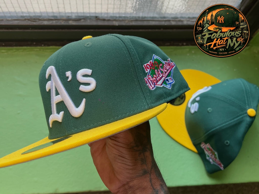 Gorra New Era 59Fifty ajustada de los Oakland Athletics con un diseño clásico de color verde y amarillo.